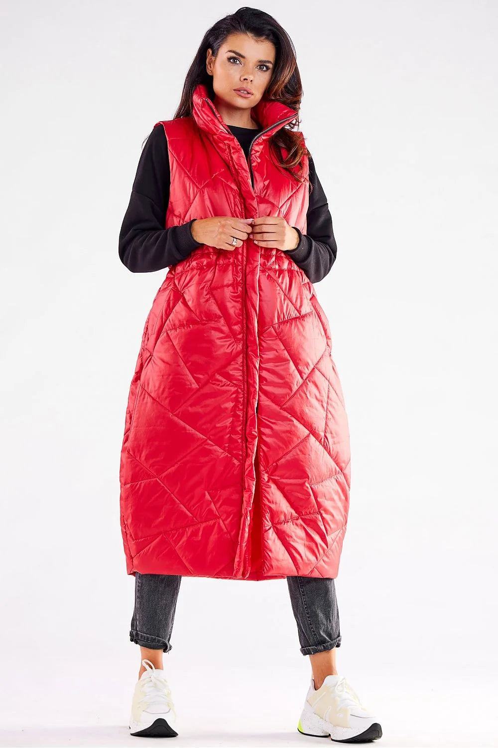 Gilet awama doudoune longue sans manches pour femmes coupe moderne col montant matelassé en diagonale couleur rouge vif polyester 100% taille S/M L/XL