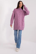 Pullover long pour femme en acrylique couleur lilas motif torsades mailles Aran coupe oversize manches longues col roulé