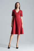 robe midi femme rouge vif décolleté V manches courtes taille cintrée princesse jupe évasée tissu structuré polyester élégant cocktail