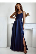 Robe longue élégante sans manches bleu marine fente dos nu finitions luxueuses pour femme occasion spéciale