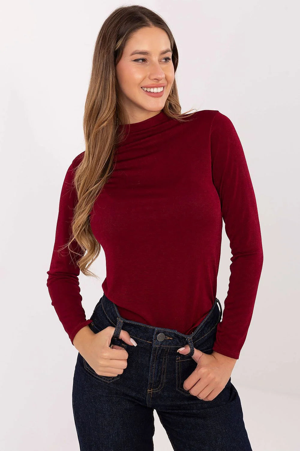 chemisier ajusté femme col montant manches longues bordeaux viscose polyester extensible maille fine doux slim polyvalent
