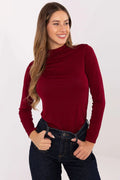 chemisier ajusté femme col montant manches longues bordeaux viscose polyester extensible maille fine doux slim polyvalent