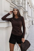 chemisier MONNA femme brun chocolat manches longues slim jersey extensible encolure ronde fronces laterales cintrée élégante respirante viscose elasthanne polyvalente