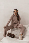 ensemble loungewear femme sweat capuche oversize manches larges pantalon palazzo taille haute ceinture élastique maille côtelée gaufrée taupe beige