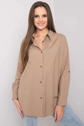 Chemise femme beige taupe ample coton polyester style décontracté élégante boutons marron oversize