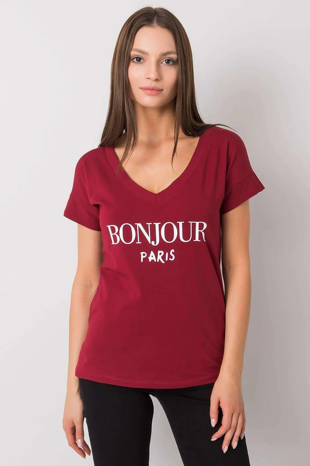T-shirt Fancy pour femme, style urbain Paris, coton élasthanne, coupe ajustée, col V, inscription 'BONJOUR PARIS', manches courtes, rose pâle