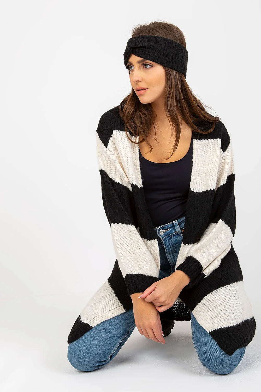 Cardigan long ample à rayures colorées manches longues maille épaisse confort thermique cardigan femme style moderne