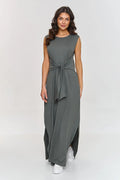robe longue maxi sans manches jersey viscose fluide drapé gris kaki ceinture nouée encolure ronde fentes latérales taille ajustée polyvalente