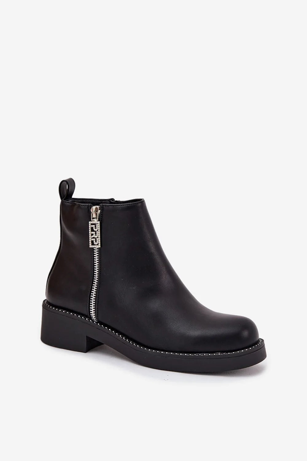 bottines femme simili cuir noir cheville tige courte fermeture zippée latérale tirette semelle plateforme talon bloc bas bout rond zircons