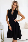 Robe noire évasée sans manches style moderne décolleté V fermeture éclair taille ajustable Polyester Élasthanne femme occasion多种