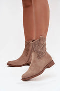 bottines femme suédine taupe bohème chic mi mollet ajourées florales découpées bout arrondi talon bas 3cm semelle antidérapante