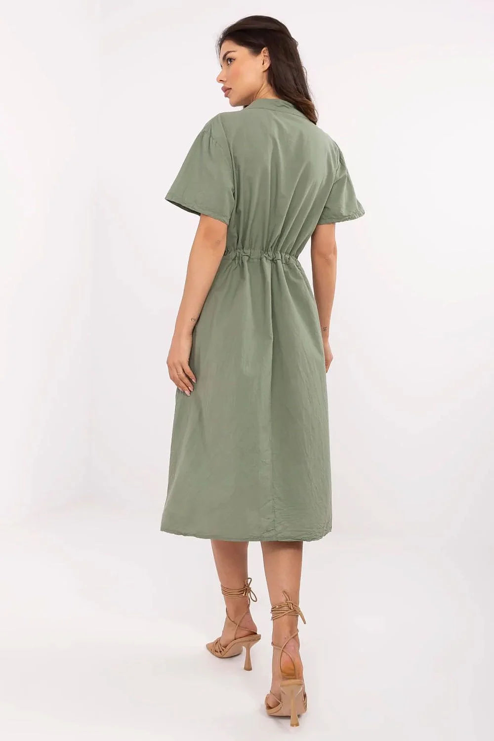 Robe de jour Italy Moda vert olive coupe évasée manches courtes col rond poches latérales ceinture ajustable femme