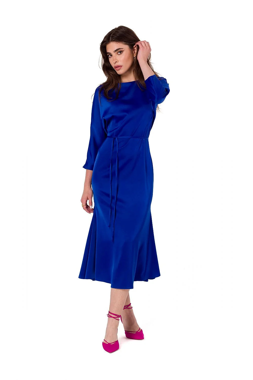 Robe de soirée Makover élégante couleur bleu vibrant tissu satiné manches kimono longues ceinture assortie taille ajustable sans doublure femme