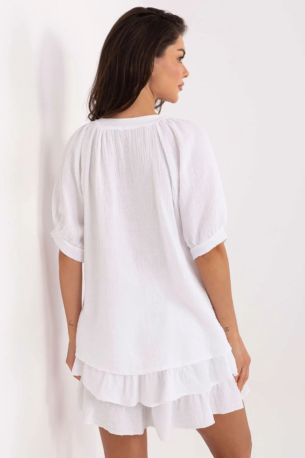 Ensemble Och Bella pour femmes été casual blanc muslin chemisier manches courtes jupe volants taille élastique noeud avant léger respirant trendy élégant
