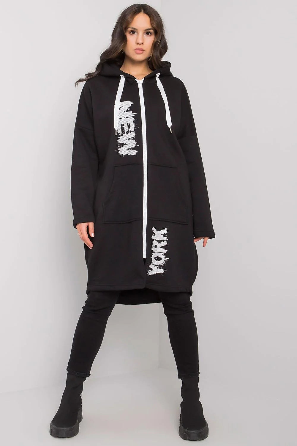 Sweatshirt longline oversize coton noir urbain chic avec capuche fermeture éclair pour femmes mode