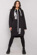 Sweatshirt longline oversize coton noir urbain chic avec capuche fermeture éclair pour femmes mode