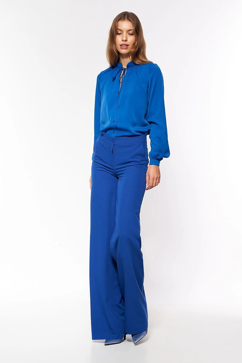 Pantalon palazzo polyester élégant bleu évasé moderne confort bureau décontracté femme taille haute