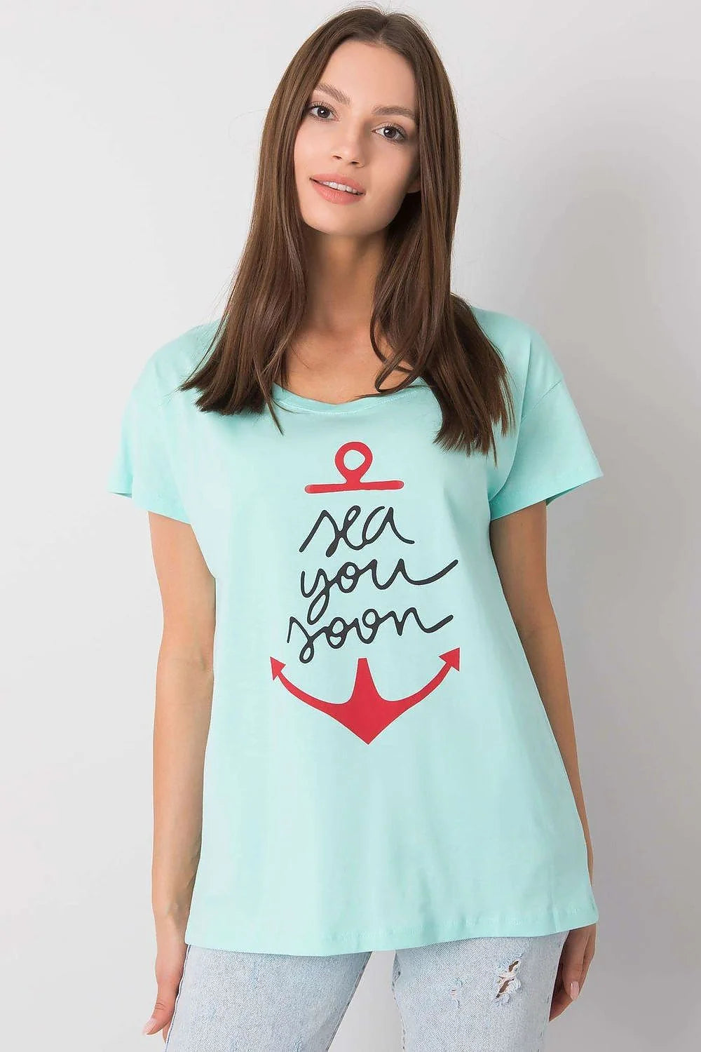 T-shirt pour femme design ancre 'sea you soon' vert menthe manches courtes col rond ajusté