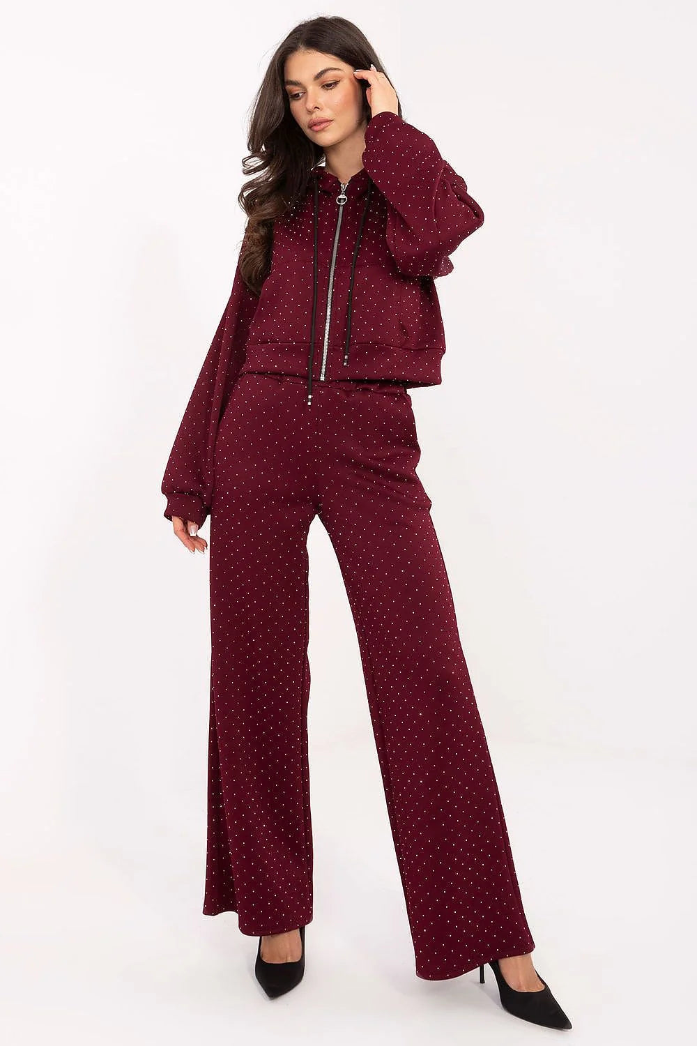 ensemble survêtement bordeaux pois blancs sweat capuche zippé court pantalon taille haute jambe large tissu stretch toucher doux