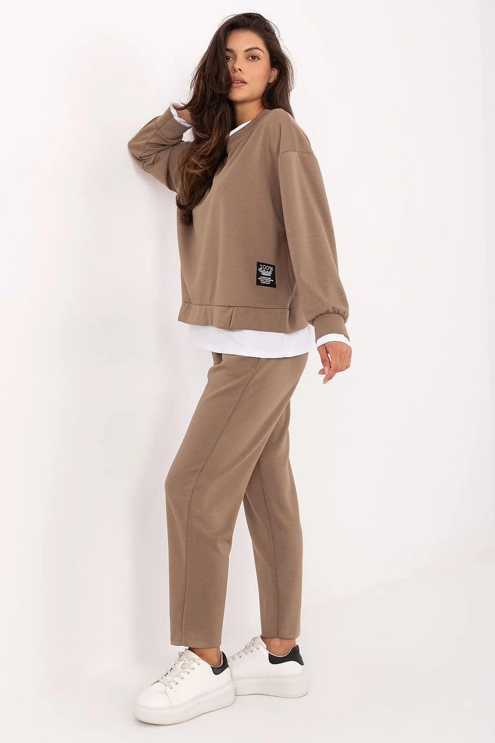 ensemble loungewear femme sweat oversize col rond manches longues bas côtelés ourlet fendu pantalon taille haute viscose elasthanne
