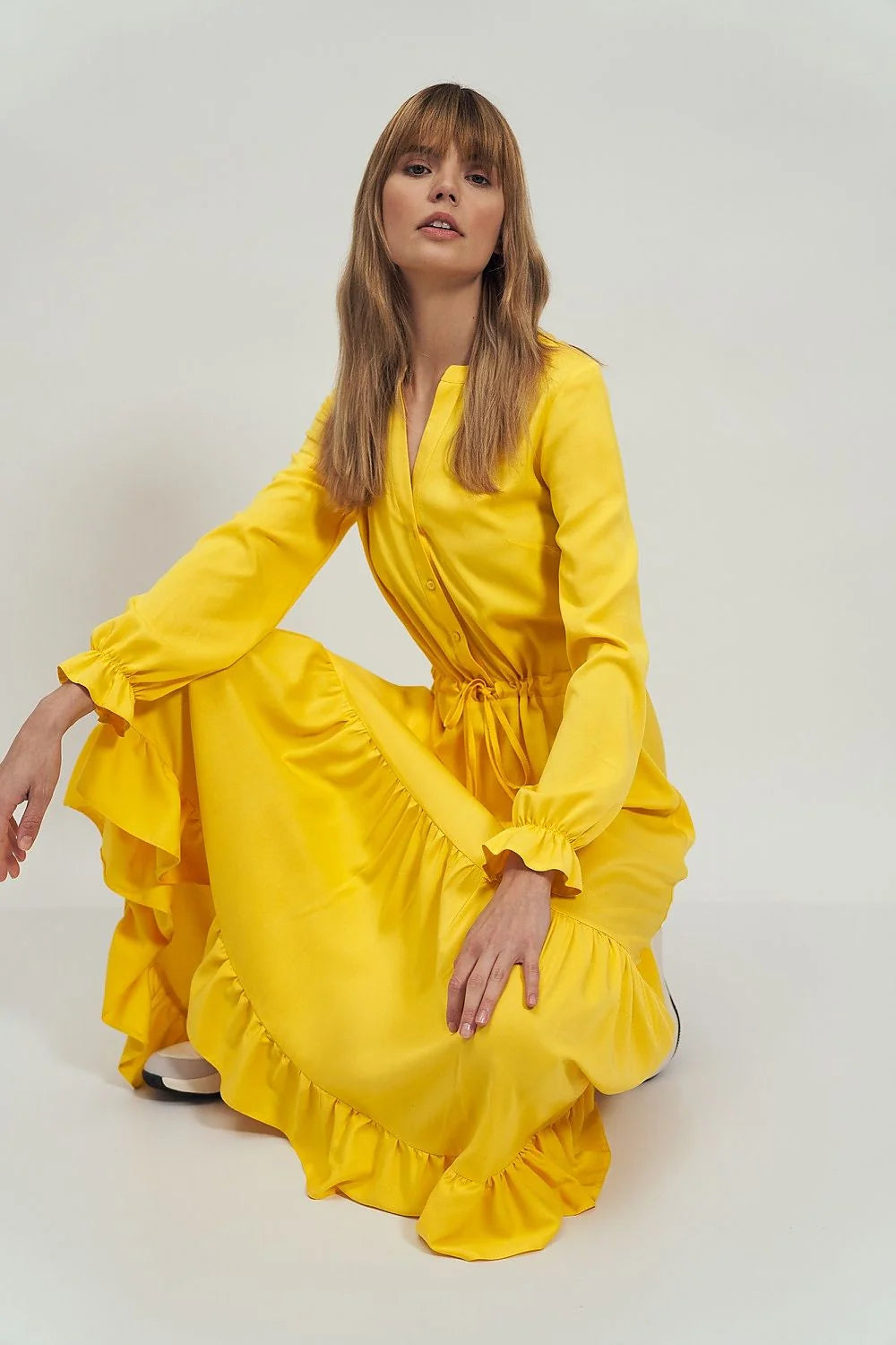 Robe longue évasée viscose jaune élégante boutonnée col V ceinture ajustable femme chic décontractée
