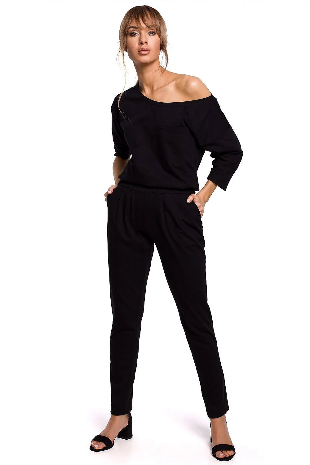 combinaison femme coton jersey gris clair décontractée chic élégante taille élastique manches trois quart épaule asymétrique poches latérales