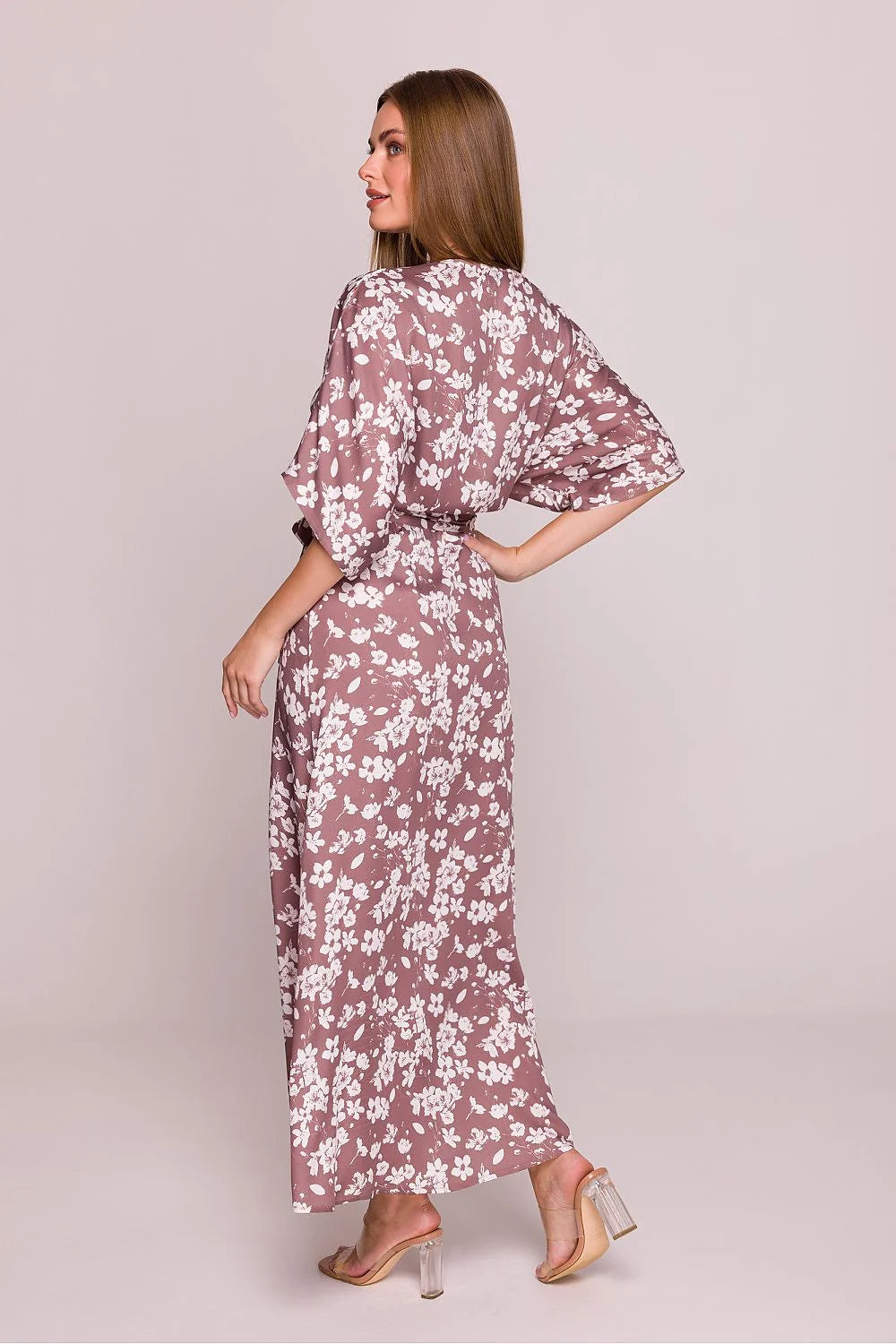 Robe de jour élégante longue en viscose motif floral col en V manches courtes amples ceinture silhouette cintrée femme