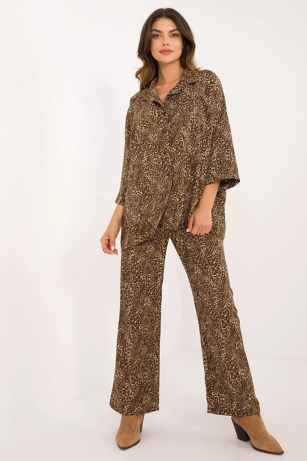 Ensemble Italy Moda pour femme chemise et pantalon style ample motif léopard polyester viscose
