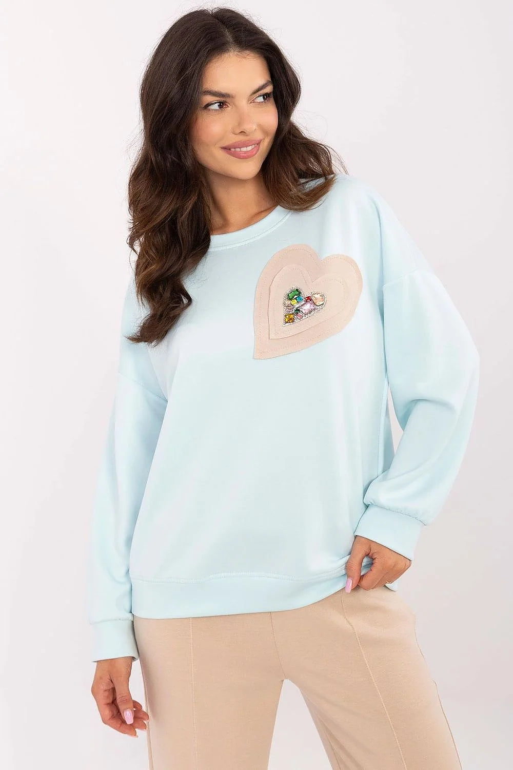 Sweatshirt femme Italia Moda décontracté style moderne cœur perlé bleu pastel