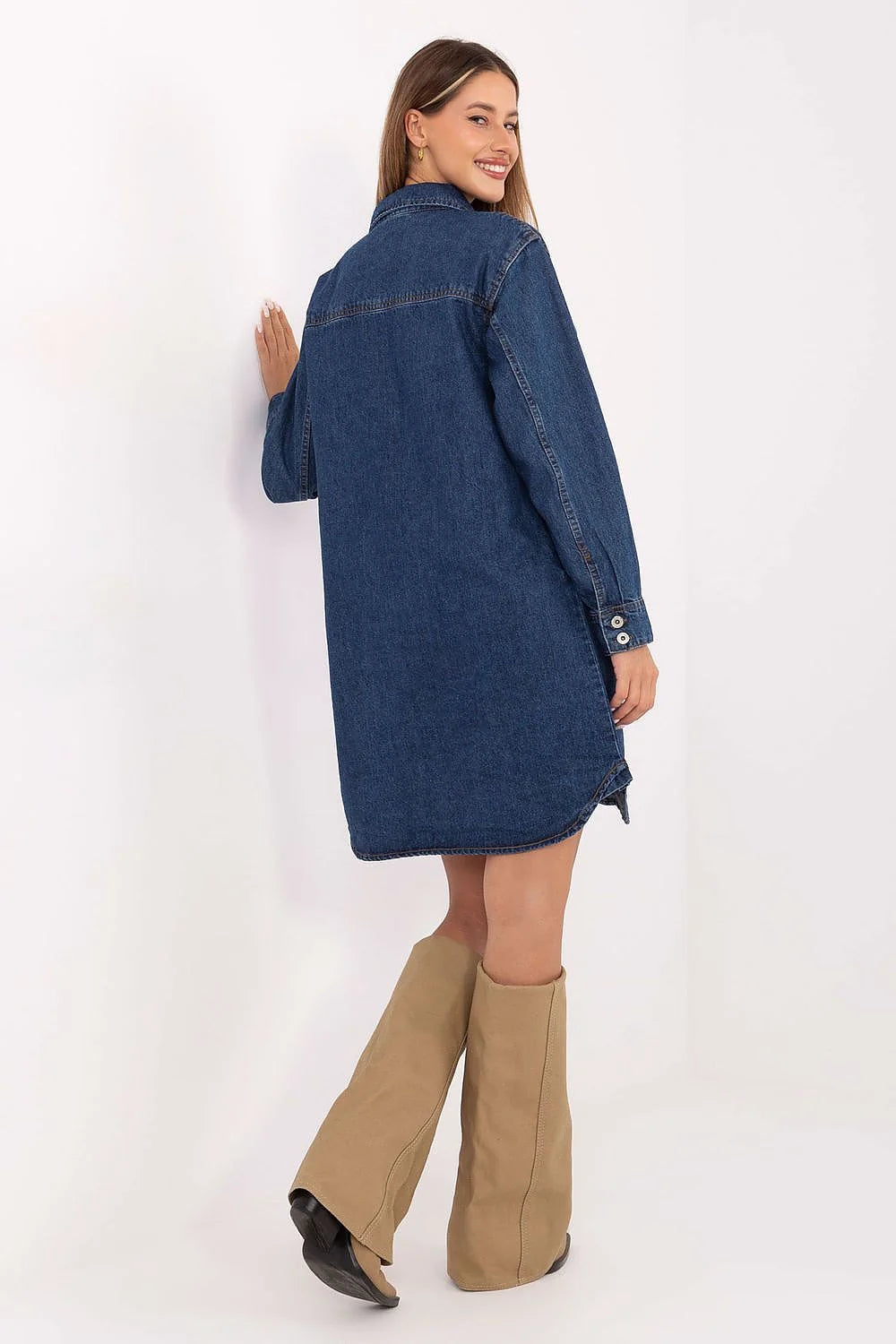 Robe chemise en denim femme coupe droite manches longues poches poitrine bleu denim taille ajustable veste en denim