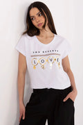 T-shirt pour femme blanc ample style casual manches courtes col rond motif YOU DESERVE LOVE bijoux cœur clé doré coton élasthanne confortable tendance