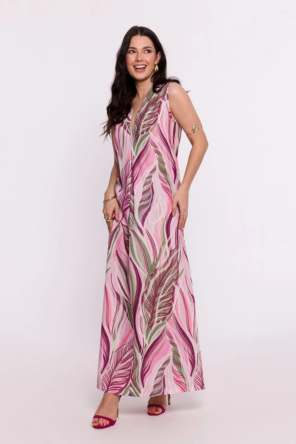 Robe longue Be Wear sans manches encolure en V imprimé feuilles tropicales coton lin femme été