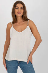 Débardeur coton lin viscose beige clair col V bretelles ajustables silhouette fine design minimaliste intemporel confortable ajustement personnelle