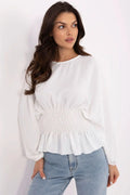 Chemisier pour femme en coton blanc court manches longues col rond taille élastiquée smockée style romantique