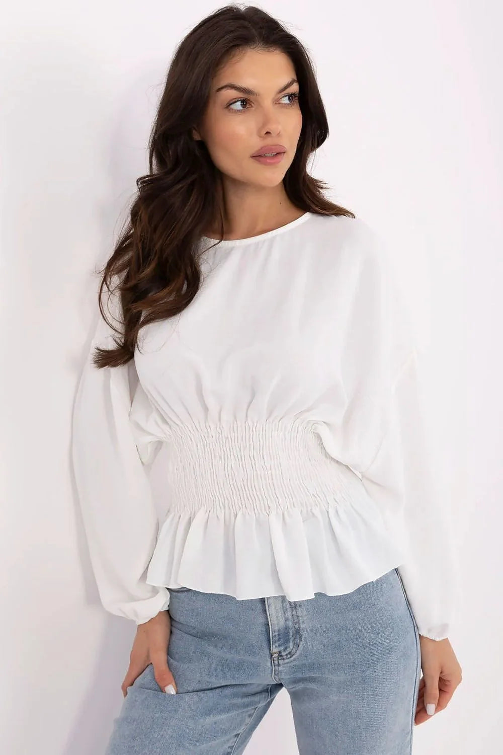 Chemisier pour femme en coton blanc court manches longues col rond taille élastiquée smockée style romantique
