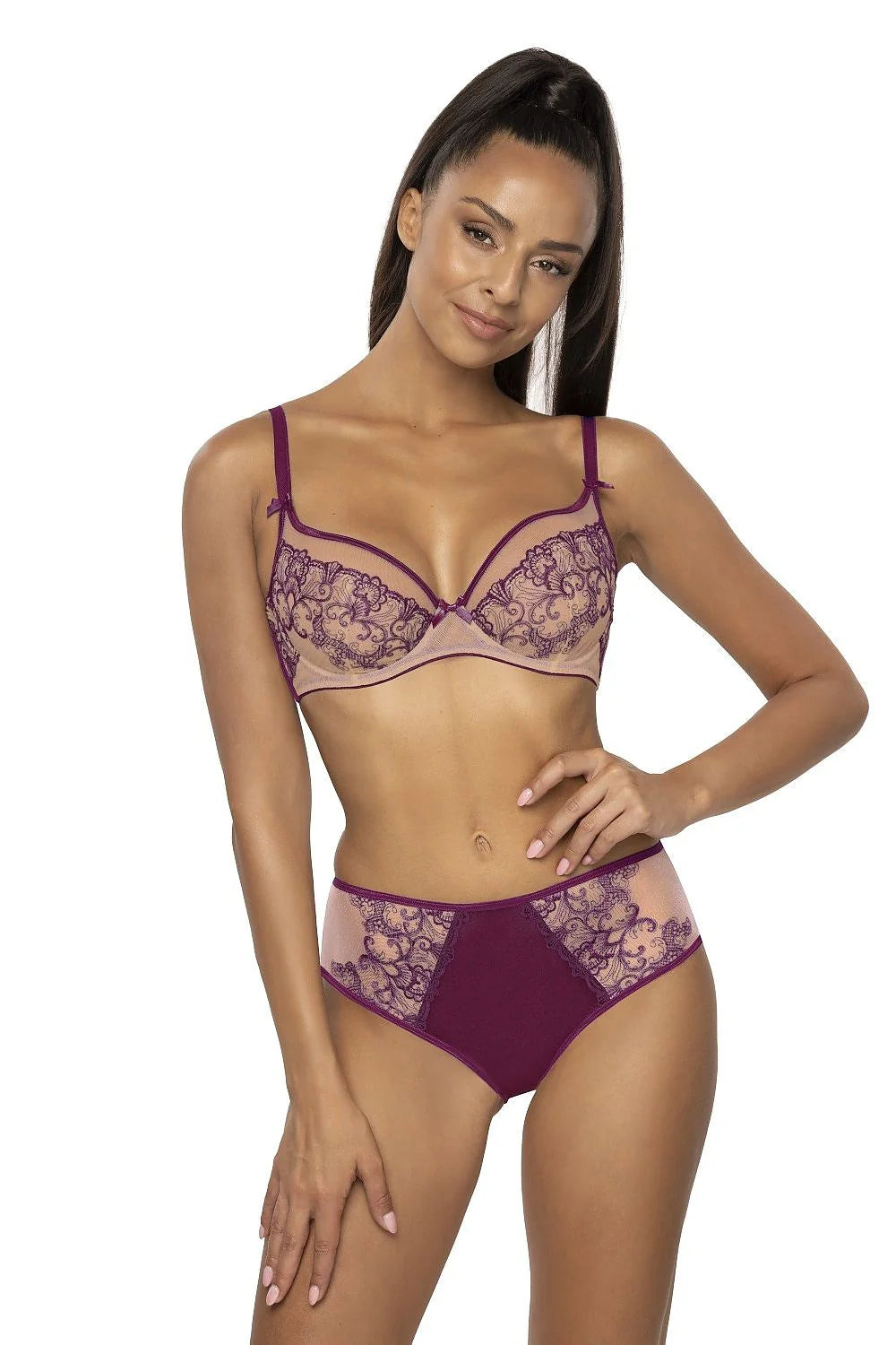 Soutien-gorge élégant balconnet dentelle floral violet tulle coton doux confort ajustable femmes
