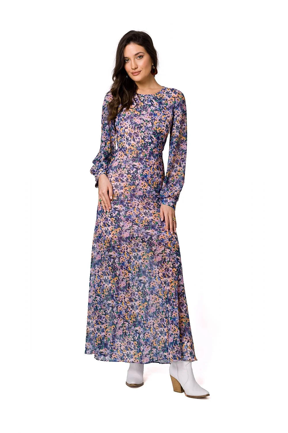Robe de soirée Makover longue impression florale multicolore manches longues dos nu armature polyester femme