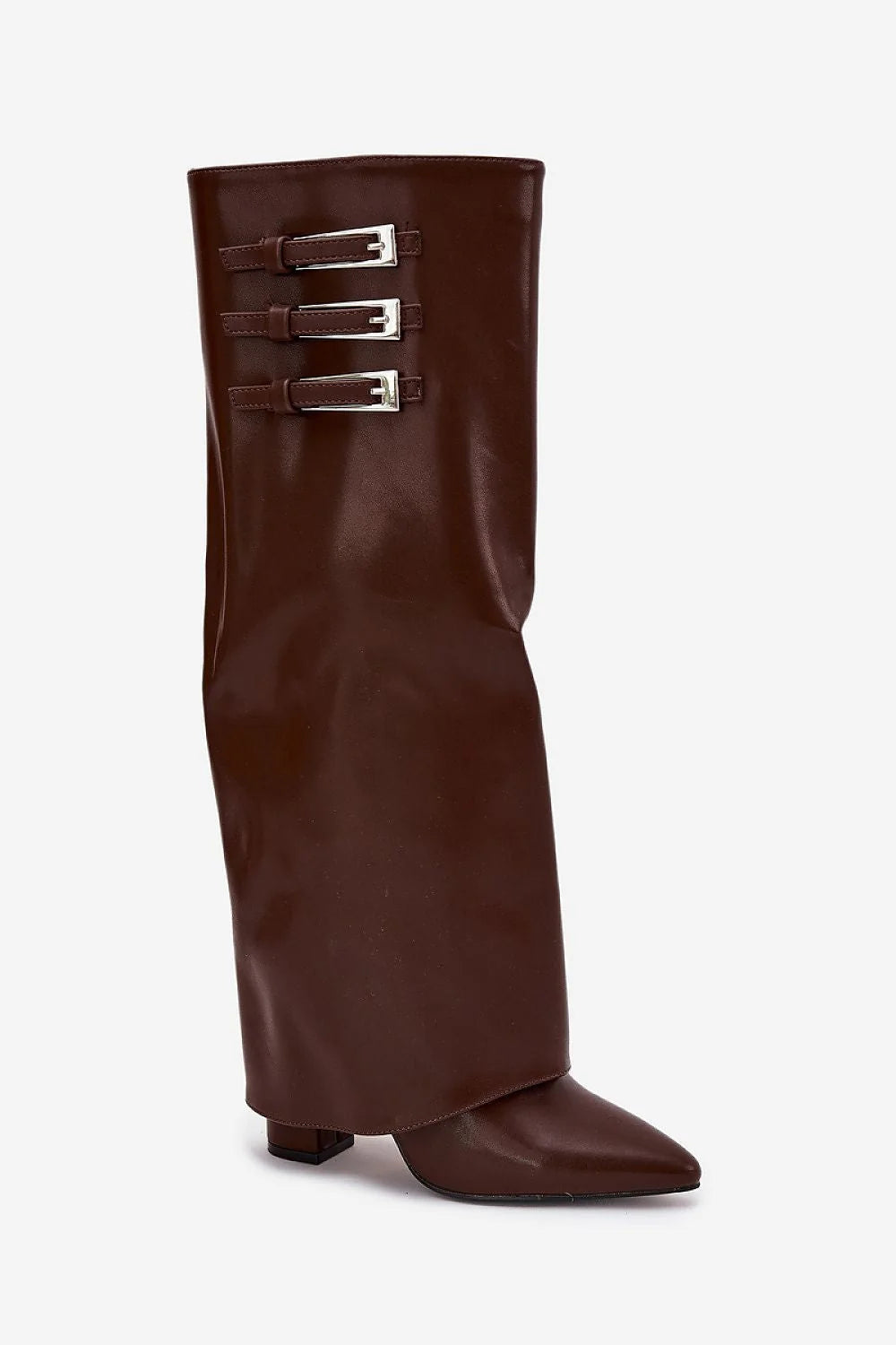 bottes hautes femme similicuir marron foncé tige genou bout pointu talon colonne fermeture éclair latérale boucles métalliques réglables doublure polaire