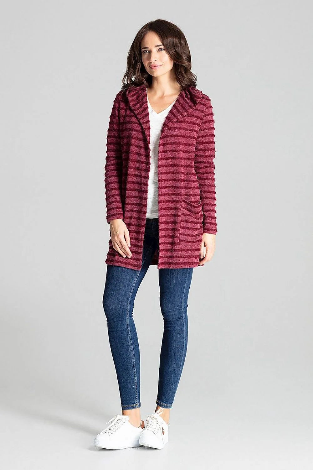 Cardigan femme maille rayée douillette style casual capuche poches pratiques pour quotidien et loisirs