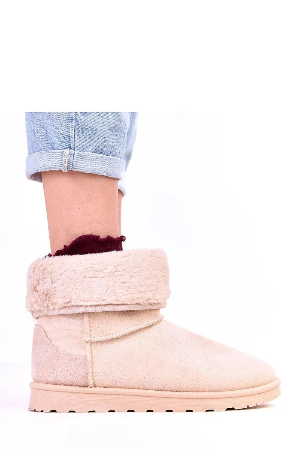 bottes neige femme Solea suédine beige rosé cheville bout rond col retourné fausse fourrure crème doublure chaude semelle crantée caoutchouc