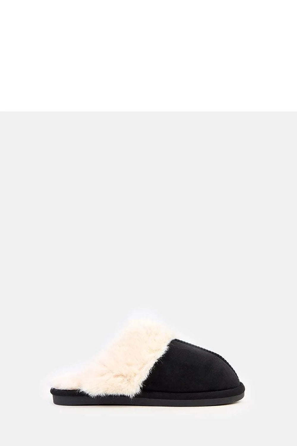chaussons mules femme suédine noire bout rond large empeigne fourrure synthétique crème doublure moelleuse semelle légère 1cm confortable