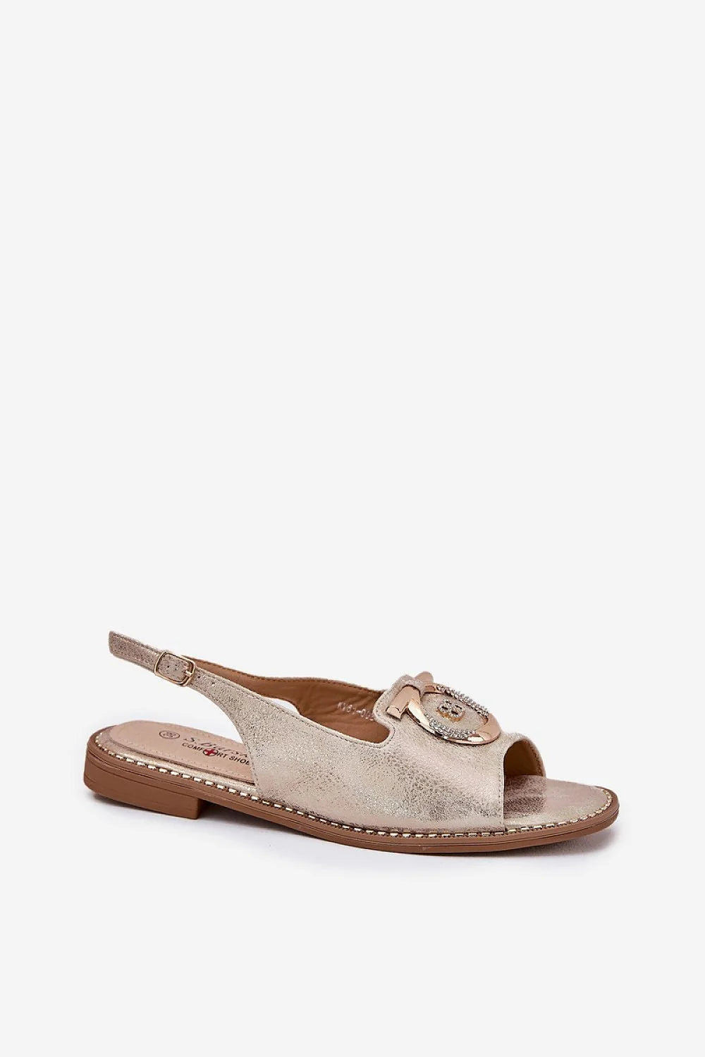 sandales mules plates femme bout ouvert champagne beige métallisé cuir écologique supérieure semelle rembourrée surpiqûres ornement strass boucle dorée BB