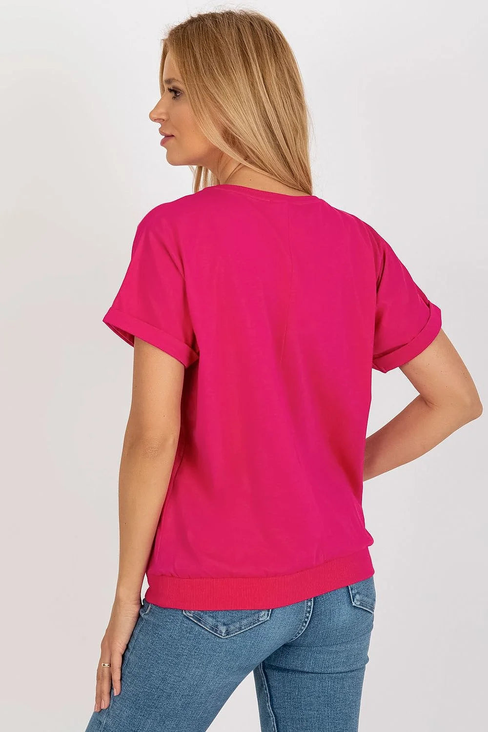 T-shirt femme décontracté moderne manches courtes col rond patch décoratif rose vif coton elasthanne