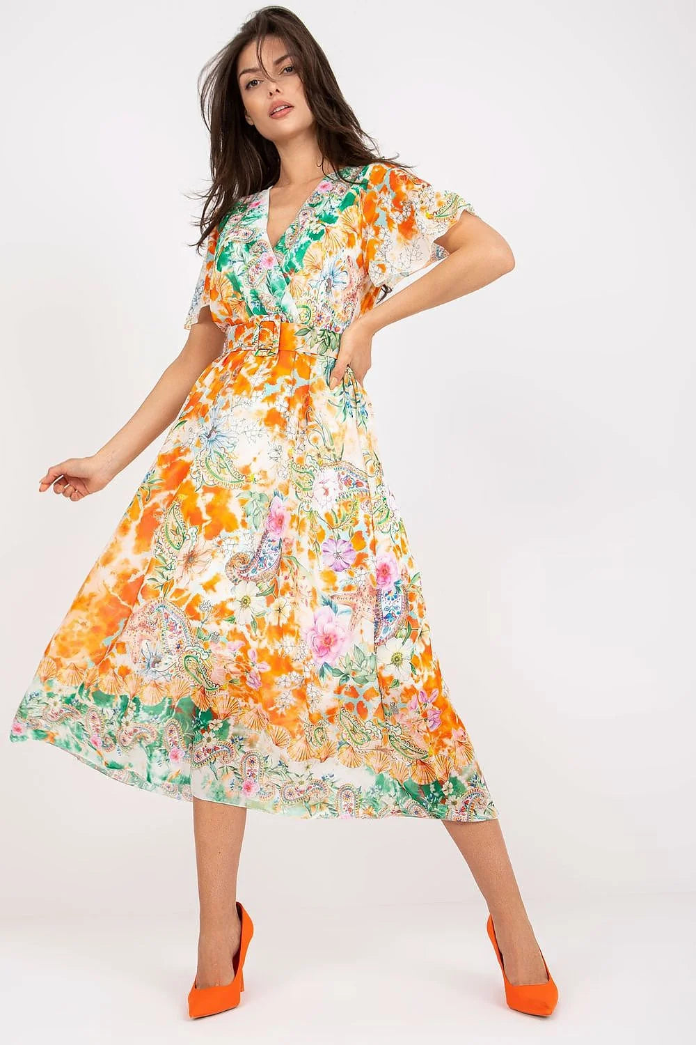 Robe de jour élégante Italy Moda imprimé floral orange vert rose polyester coupe midi décolleté V manches courtes ceinture coordonnée femmes