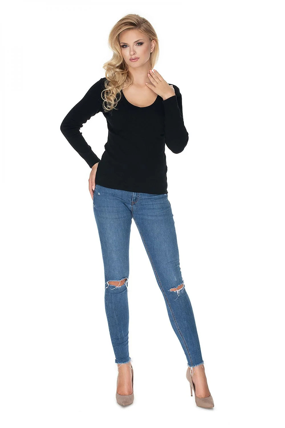 Pull femme coton élasthanne ajusté manches longues col rond élégant style minimaliste classique polyvalent