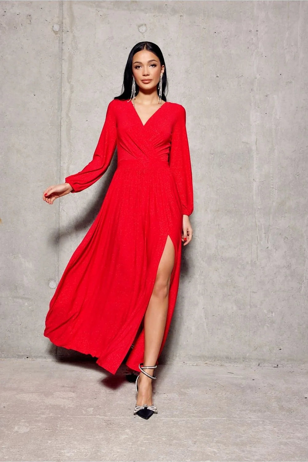 Robe longue élégante pour femmes, décolleté V croisé, manches longues, ceinture intégrée, couleur rouge vibrante, occasion spéciale, robe de soirée, mode高級