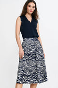 Ensemble femme haut sans manches en V jupe midi zébrée polyester viscose bleu marine noir blanc coupe évasée occasion semi-formelle
