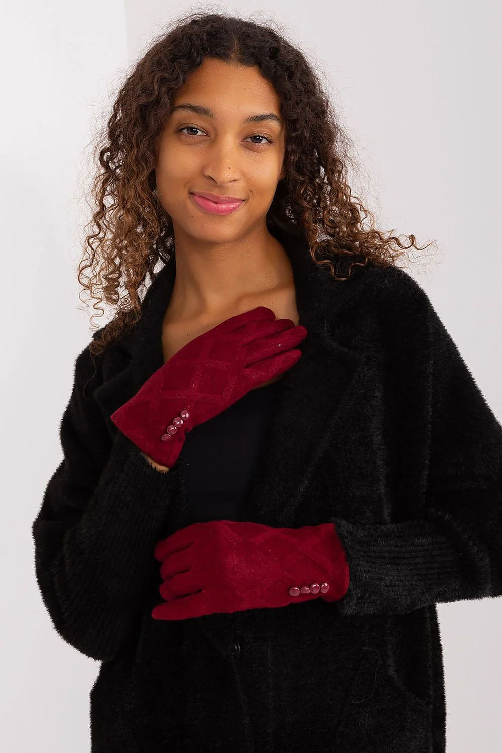 Gants élégants pour femme en suédine motif losange rouge bordeaux manches longues boutons décoratifs coton élasthanne polyester mode hiver