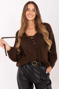 pull femme maille chunky col V lacé marron chocolat coupe ample hanches cordons décoratifs duveteuse tricot manches ballon côtelés chaleur