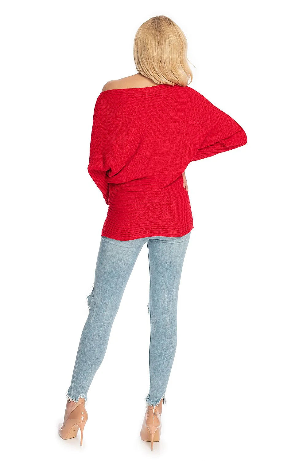 Pull femme style moderne élégant encolure bateau manches longues coupe ample ourlet côtelé matériau acrylique 100% couleur rouge vif